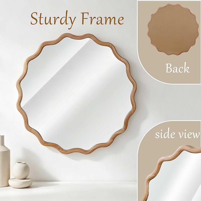 24" Wavy Edge Round Mirror, Solid Wood Framed Wall Decor with Clear Reflection for Bathroom, Bedroom, Living Room & Entryway (Solid Wood)