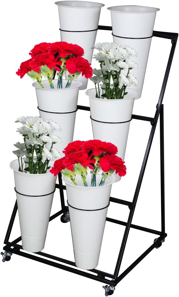 Decorative Flower Display Stand with Buckets for Cut Flowers, Heavy Duty Rolling Plant Stand on Wheels, Indoor Outdoor Flower Cart Ladder Shelf for Florist, Garden, Patio (3 Tier 6 White Bucket)