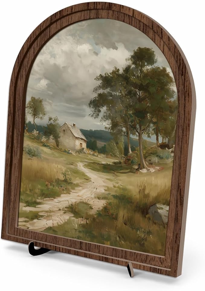 Tabletop Wood Decor Rustic Landscape Sign, Arched Wooden Frame Farmhouse Artwork for Shelf or Desk Display, Vintage Countryside Pictures for Living Room Bathroom Table or Wall Decor