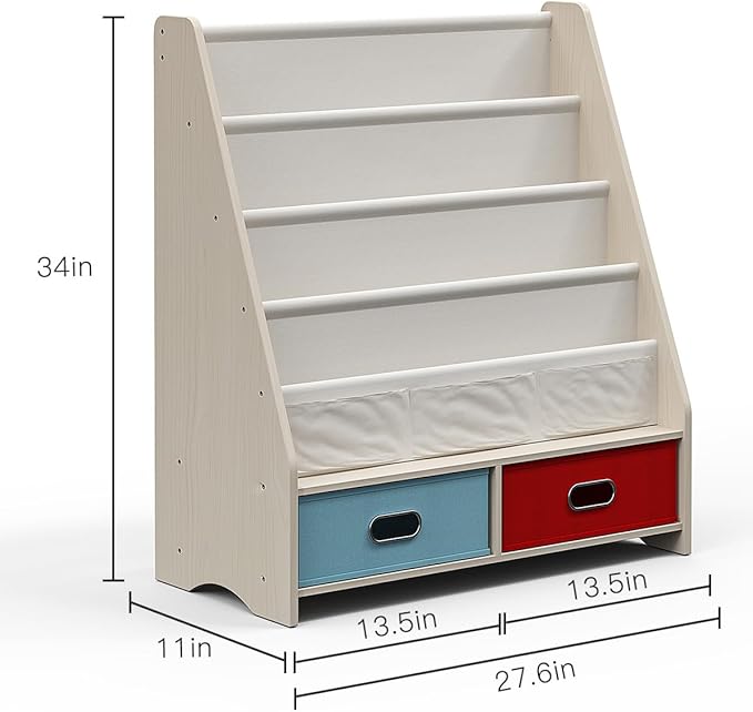 SEIRIONE Sturdy Kids Bookshelf, Tear-Proof Cotton Sling, Eco-Safe Toddler Bookshelf with 2 Cube Bins for Books & Toys, Beige/Wood Texture