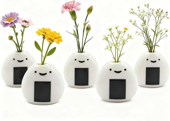 5 PCS Mini Flower Vase, Handmade Ceramic Rice Ball (Japanese Onigiri) Miniature Vases, Charming and Cute Design, Perfect for Dry Flowers - Bulk Bud Vases, Unique and Adorable Japanese Craft