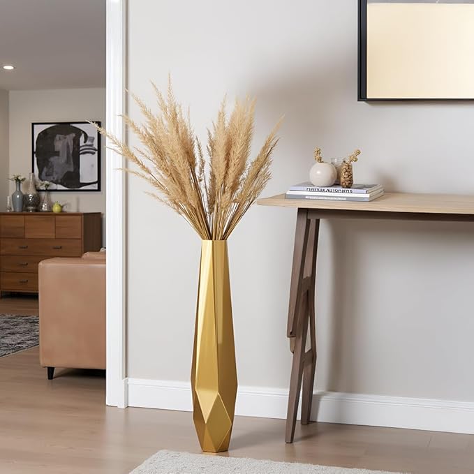 Tall Vases - 27.5" Tall Floor Vase for Home Decor, Resin Floor Vase with Handmade Dimensional Geometric Style, Fits Into Hay/Pampas Grass, Boho Living Room Decor (Gold)