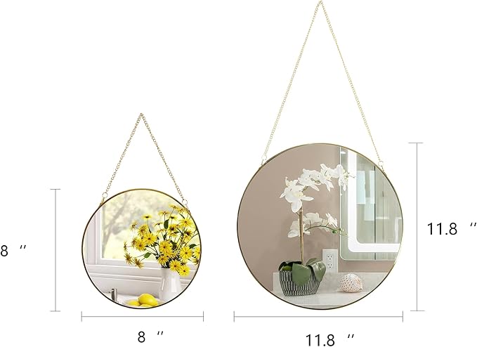 8-inch Modern Round Wall Mirror with Metal Frame and Hanging Chain, Suitable for Entryway, Hallway, or Bathroom Small Gold Metal Frame Mirror (Gold, 8 inch)