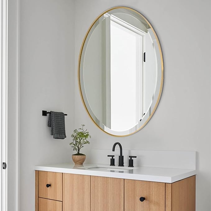 POZINO Brushed Gold Beveled Mirror, 24"x36" Brass Oval Mirrors, Bathroom Mirror for Over Sink, Modern Rounded Vanity Wall Mirrors in Premium Stainless Steel Frame, Hangs Horizontal Or Vertical