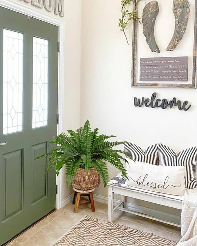 Hollyone 17.7" Fake Fern Potted Plant Small Artificial Boston Ferns in Pot 25 Leaves for Outdoors & Indoor Faux Fern Bush Plant for Patio Garden Farmhouse Windowsill Office Living Room Home Decor