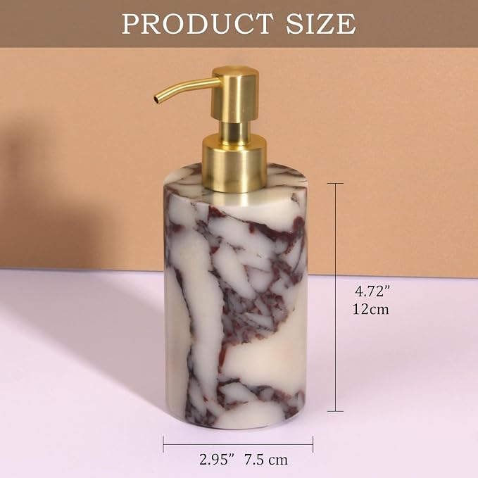 Natural Marble Soap Dispenser for Bathroom and Kitchen Countertop - 5.41 Ounces Hand Lotion and Liquid Stone Shampoo Laundry Bottle with Pump (1, Calacatta Viola, Cylindrical Bottle)