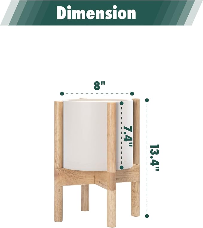 D'vine Dev Planter Pot with Stand - 8 Inch Plastic Cylinder Flower Pot with Wood Planter Holder for Indoor, Oatmeal Pot + Natural Stand, 55-C-J-4
