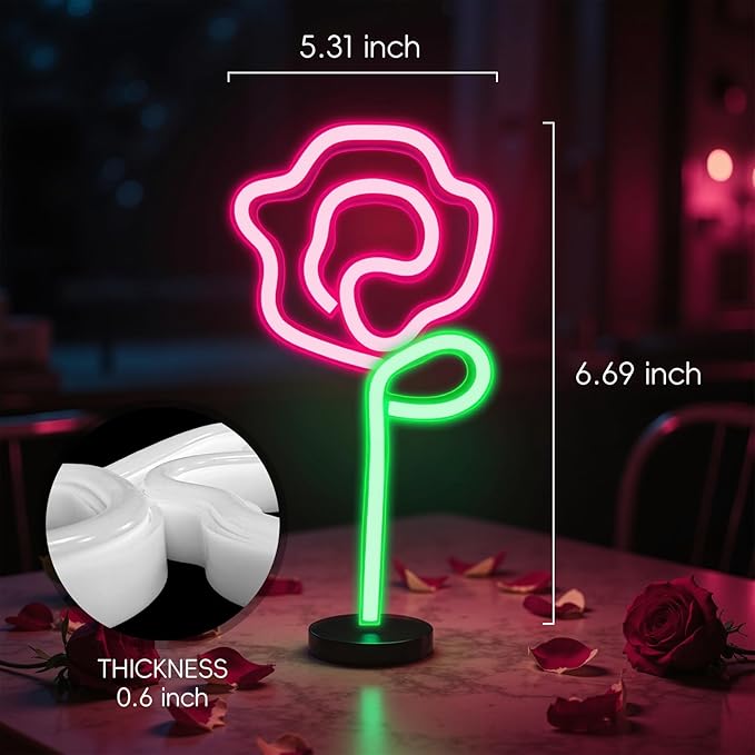 Rose Neon Sign - Red rose Flower with Green Stem Neon Art Wall Decor USB or 3-AA Battery Powered Operated for Girls Bedroom Birthday Gift Party Wedding Rose Lights for Bedroom (Pink)