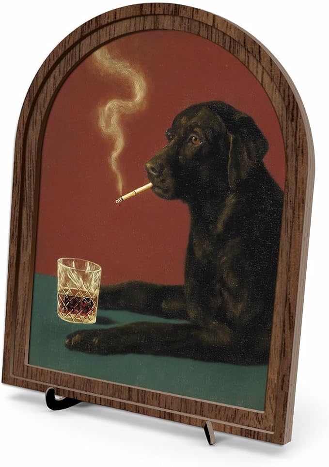 Vintage Animal Portrait Tabletop Decor Sign,Smoking Dog Poster, Black Dog Artwork in Arched Wooden Frame with Stand for Living Room Bedroom Desk Shelf Display, Moody Home Decor