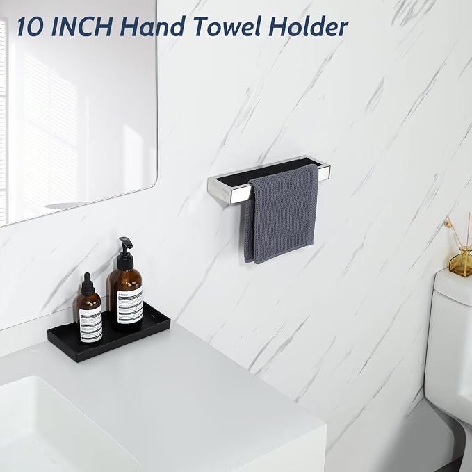 Sayayo Polished Chrome Towel Bar for Bathroom, 10 Inch Hand Towel Holder Wall Mount Square Towel Ring SUS304 Stainless Steel Towel Rack