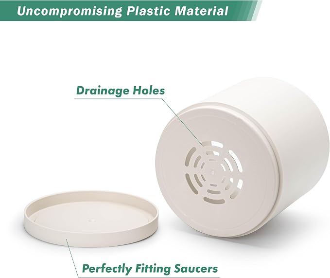D'vine Dev 10 Inch Plastic Planter Pots for Plant Pot with Drainage Hole and Seamless Saucers, Oatmeal, 74-X-H-2