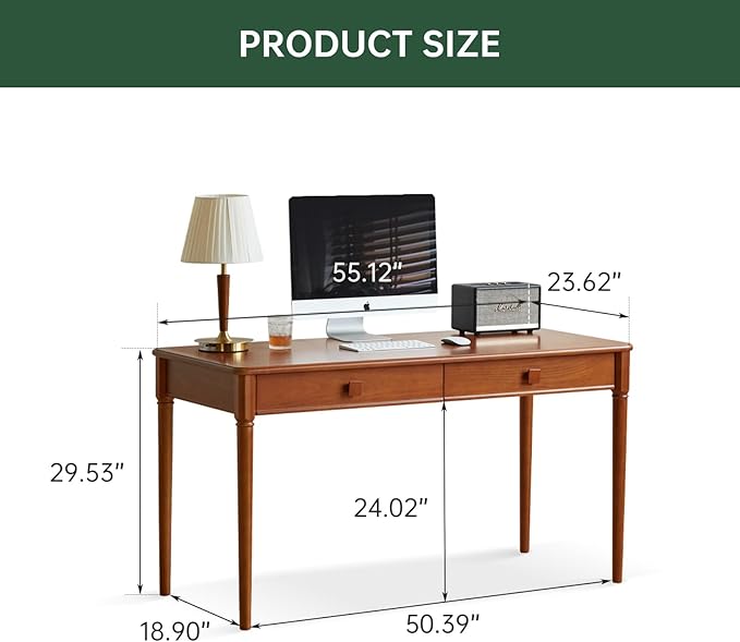 100% Solid Wood Desk Home Office Desk Mid Century Modern Writing Computer Desk with Drawer (55.1")