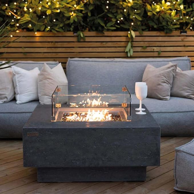 Elementi | Manhattan Gas Fire Pit Cast Concrete 36" Square Fire Table, Outdoor Fire Pit Electronic Ignition | Canvas Cover, Lava Rock Included | Dark Gray (Propane Gas)