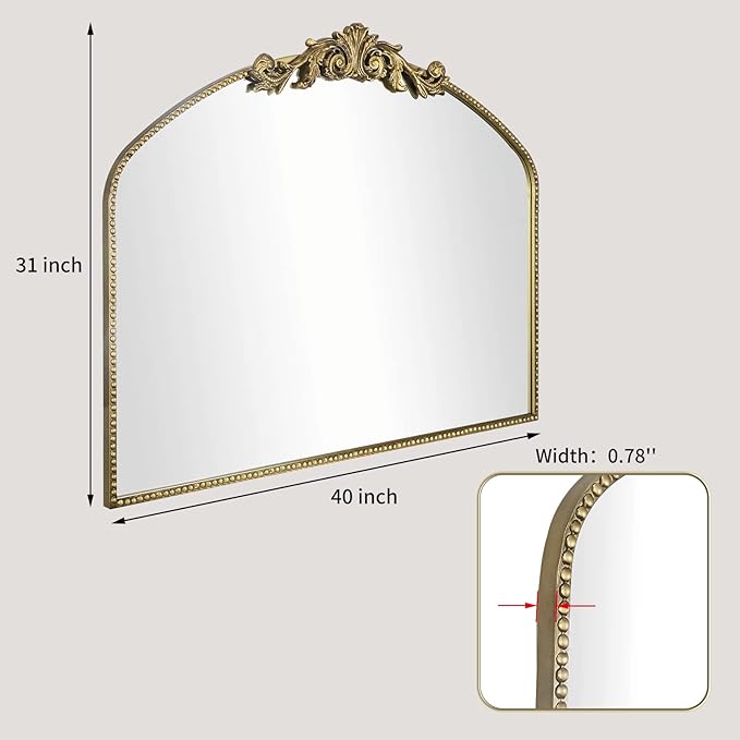 Gold Arched Vintage Mirror 40"X31", Antique Mantel Wall Mirror with Ornate Metal Frame, Victorian Dress Baroque Decor for Entryway/Fireplace/Living Room/Hallway/Bathroom/Bedroom