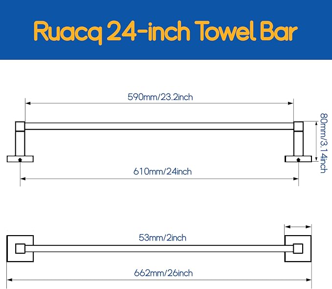 RUACQ Brushed Nickel Towel Bar 24 inch, 304 Stainless Steel Towel Racks for Bathroom Wall Mounted, Heavy Duty Bath Towel Rod with Square Base(Brushed Nickel)