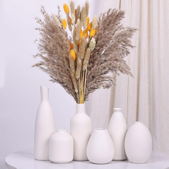 White Ceramic Vase Set of 6, Modern Boho Vases for Dry Flowers, Small White Vases for Decor, White Small Vases for Centerpieces in Bulk, Mini Small Flower Vases for Wedding Home Table Party Decor