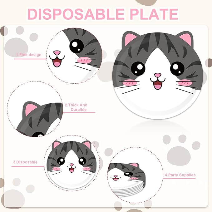48Pcs Cute Cat Birthday Decorations Plates Cat Party Decorations Include Desserts Plates Napkins Forks for 16 Guests