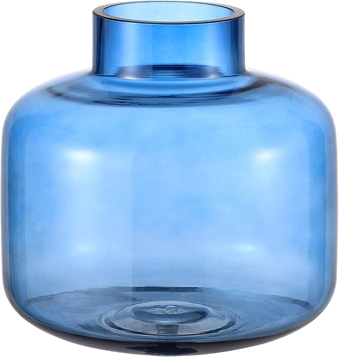 Short Glass Vase, Blue Glass Vase, Short Flower Vase, Round Glass Vase, Small Glass Vases for Flowers, 6 Inch Glass Flower Vases for Living Room, Dining Table, Wedding, Bookshelf, Office Decor
