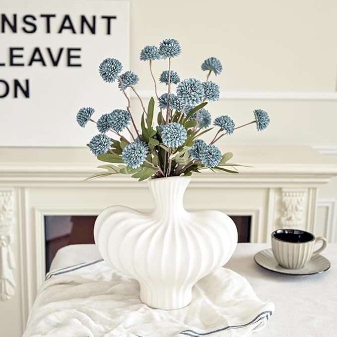 Laelfe Dusty Blue Flowers Artificial Pompon Mum, Fake Kiku Flowers Silk Small Mini Chrysanthemum Ball Faux Mum Decor for Autumn Filler DIY Bouquet Centerpieces Arrangements Shower (Dusty Blue)