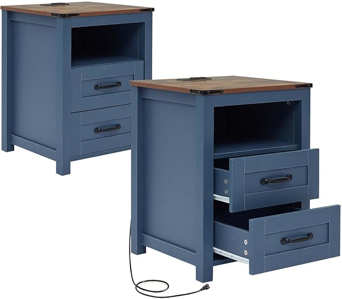 Farmhouse Night Stand Set of 2, Rustic Blue Nightstand for Bedroom, End Tables with Charging Station, Bedside Table with Drawers, Wood Bedside Cabinet Dresser