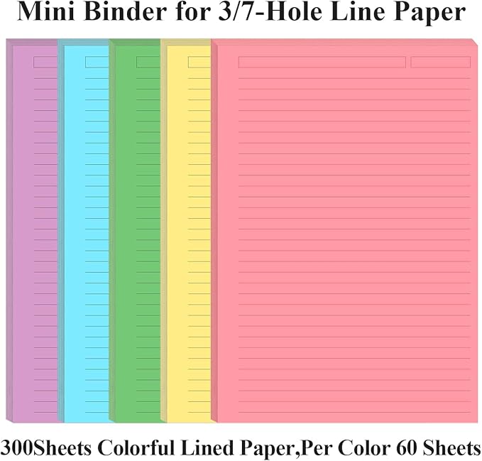 (3-Pack) Unpunched 5 Colorful Line Paper - 300 Sheets/600 Pages Loose Leaf Paper Line Refills, Per Color 60 Sheets, 5.8" x 8.5"
