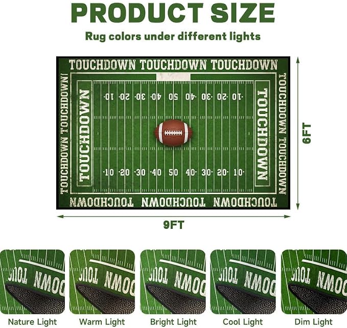 6'x9' Football Field Area Rug Sports Themed Carpet for Nursery Bedroom Playroom Classroom Living Room Home Decor Non Slip Washable Game Room Play Mat