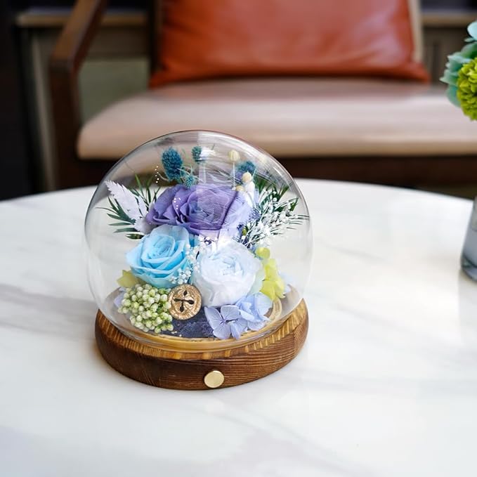 Preserved Real Rose Flowers in Glass Dome with LED Lights,Real Rose Flowers Unique Floral Gift for Girlfriend Mom Wife Girlfriend on Christmas Birthday Anniversary (Starry Sky Blue)