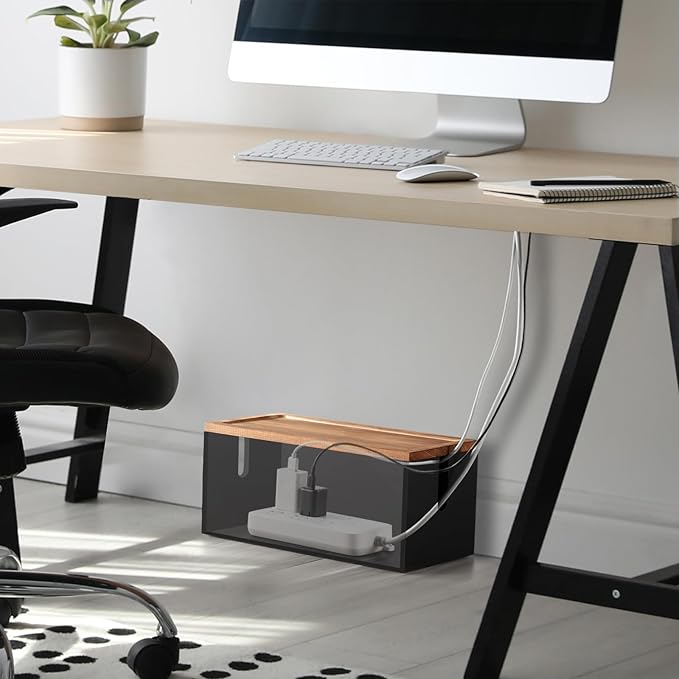 Wood Cable Management Box - Cable Organizer Box - 2 Open Slots Cords Hider Box - Under Desk Cord Organizer for Power Strip Extension Cord Surge Protector Charger Wire, Black