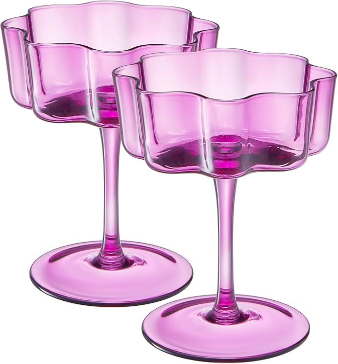 Khen Flower Vintage Wavy Glass Coupes Martini, Champagne & Cocktail Coupes - Set of 2-7oz Colorful Cocktail Glasses & Champagne, Prosecco, Mimosa Glassware Copyright Design - Amethyst Purple