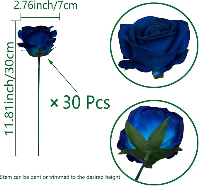 FagusHome 30 Pcs Silk Rose Artificial Flowers Roses Bulk Bouquet Fake Flowers Rose Heads with Stems for Home Wedding Decor (Dark Blue)