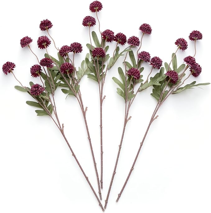 Laelfe 5Pcs Burgundy Flowers Artificial Pompon Mum, Fake Kiku Flowers Silk Small Mini Chrysanthemum Ball Faux Mum Decor for Autumn Filler DIY Bouquet Centerpieces Arrangements Shower(Burgundy)