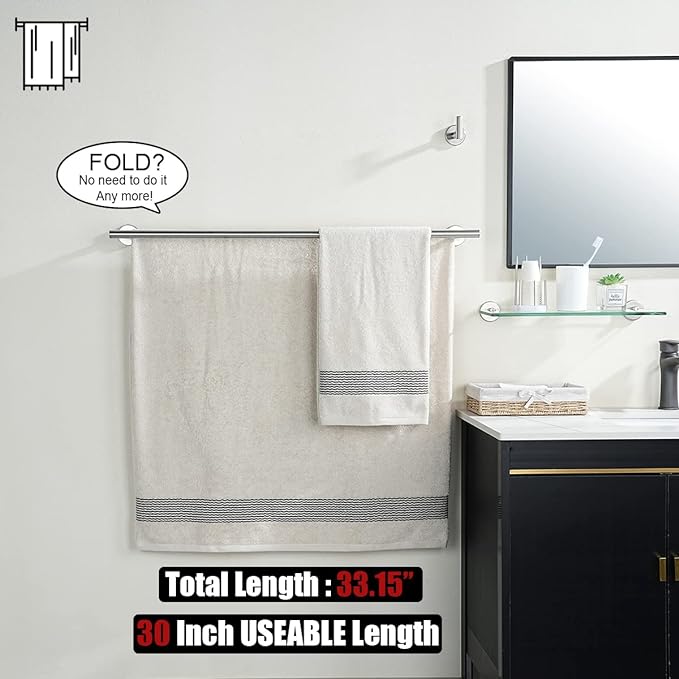 JQK Double Bath Towel Bar, 33 Inch 304 Stainless Steel Thicken 0.8mm Towel Rack for Bathroom, Towel Holder Brushed Finished Wall Mount, Useable Length 30 Inch, TB100L30-BN