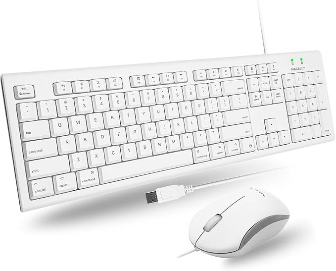 Macally Full Size USB Wired Mac Keyboard and Mouse Combo - Compatible Ergonomic Apple Keyboard and Mouse with Shortcuts and Number Keypad for Mac mini Pro, iMac Computer, MacBook Pro Air Laptops