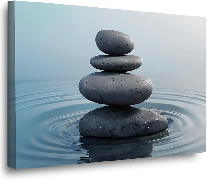 Zen wall art Harmonious grey stones stacked on a calm surface of water Serene Zen decor suitable for tranquil homes and spaces of meditation 24x36in Wood Framed