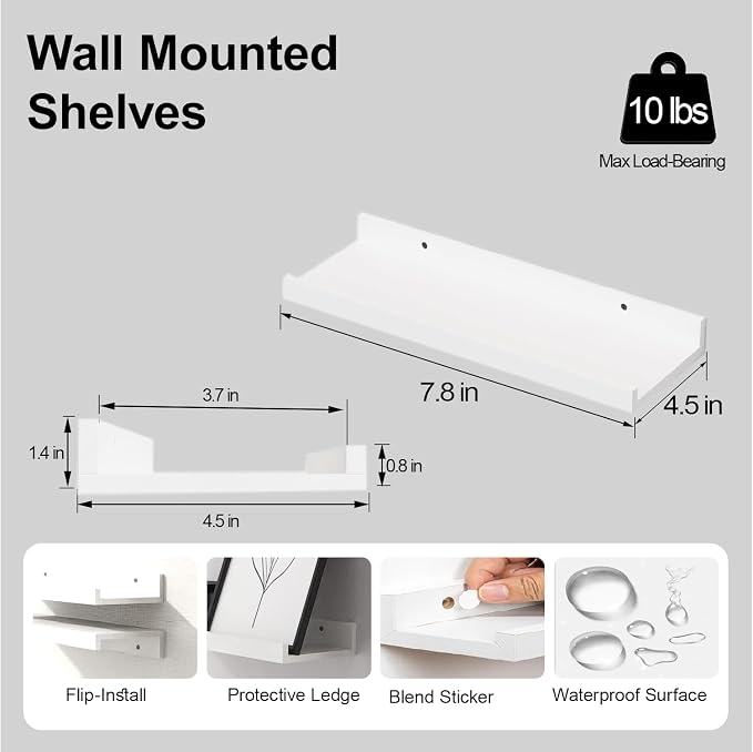 Small White Floating Shelves for Wall Decor, Wall Mounted Wood Shelf for Bedroom, Living Room, Bathroom, Kitchen, Nursery, Display Picture Ledge Shelf with Lip Set of 2-8 Inches, White