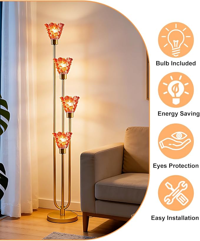 4-Light Modern Glass Floor Lamp, Gold Tall Standing Lamp with Deep Red Flower Glass Shade, Dimmable LED Floor Lamp with Line Control &5Lbs Heavy Base for Living Room Bedroom, Bulb Included