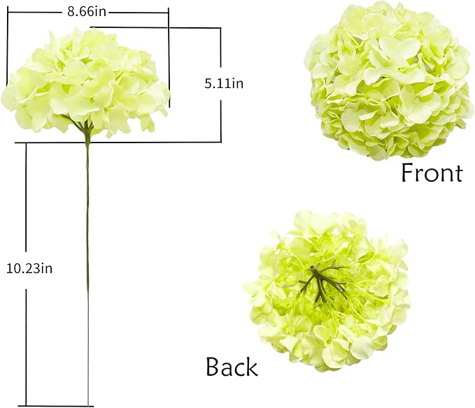 DuHouse Artificial Bigger Silk Hydrangea Flower Heads with Stem Fake Green Hydrangea Flowers for Wedding Home Garden Centerpiece Pack of 6