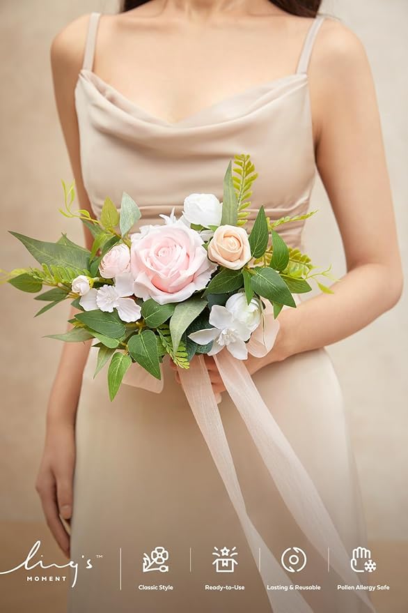 Ling's moment Blush Pink & Cream Bridesmaid Bouquet, Wedding Bouquets for Bridesmaids, 7 Inch Bridal Bouquets for Bridesmaids, Wedding, Ceremony, Anniversary, etc.