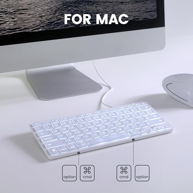 Perixx PERIBOARD-332MW Wired Backlit Scissor Keyboard - Compatible with Mac OS X and iOS Device - Mini 11.22x4.57x0.83 Inches - Scissor Keys with Big Font - White Backlit