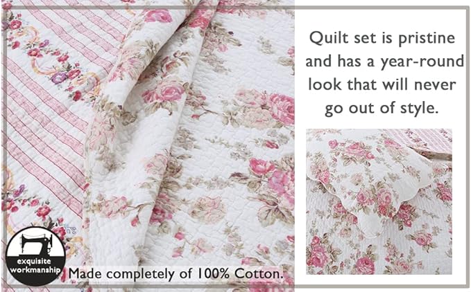 Cozy Line Home Fashions Romantic Pink Peony Floral 100% Cotton Reversible Quilt Bedding Set, Coverlet, Bedspread (Pink Peony, Queen - 3 Piece)