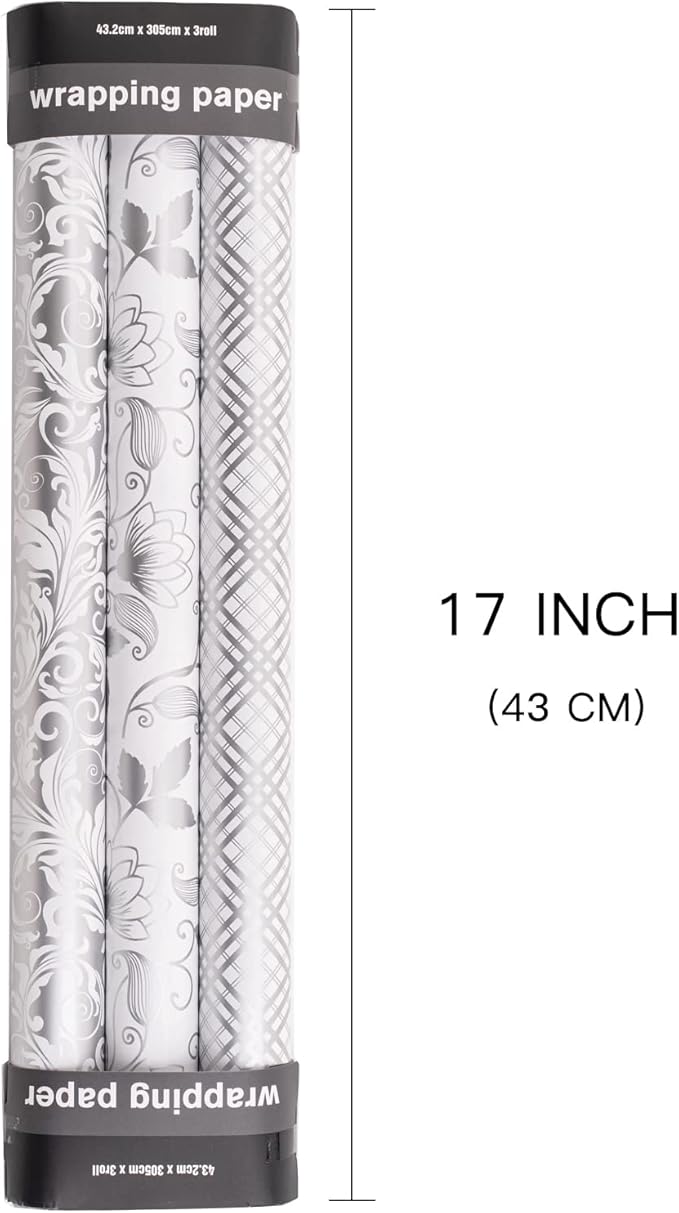 LeZakaa Silver Wrapping Paper Roll, Elegant Metallic Foil Gift Wrap with Floral and Plaid Pattern for Wedding, Anniversary, Birthday, Mothers Day, Bridal Shower, Christmas, 17 x 120 inches, Mini Roll