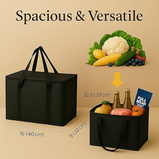 2Pk Trunk Organizer for Car Insulated Reusable Grocery Bags, Collapsible Cooler Bag for Groceries, Heavy Duty Large Insulated Bag (Large, Charcoal Black)
