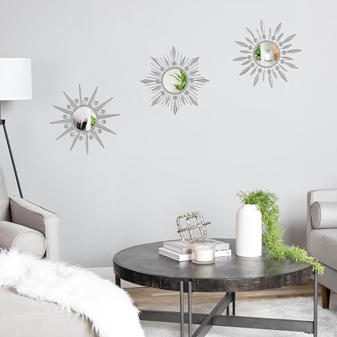 Silver Mirrors Wall Decor, Metal Sunburst Mirror Wall Art Christmas Decorative Mirrors, 9 inch Home Christmas Decoration Rhinestone Small Mirror for Living Room Entryway Set of 3