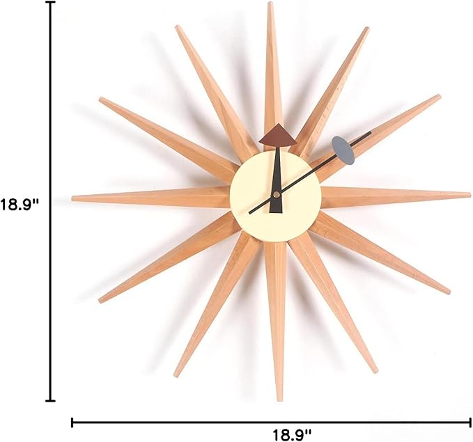 SHISEDECO Modern Art Sunburst Clock in Natural Color, Non Ticking Wooden Mid Century Retro Design Decorative Silent Wall Quartz Clocks for Home, Kitchen, Living Room, Office and Bedroom etc.