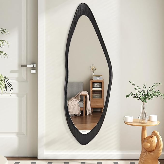 AAZZKANG Irregular Wall Mirror Full Length Large with Wood Framed 47"x16" Black Asymmetrical Full Body Mirrors for Bedroom Living Room Entryway