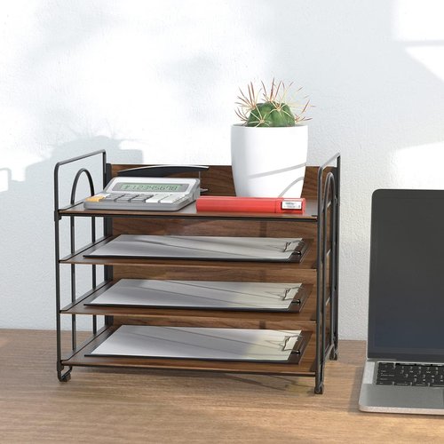LUCYCAZ 4-Tier Paper Organizer - Stylish Wood & Metal Desk File Organizer for Home, Office, School | Black