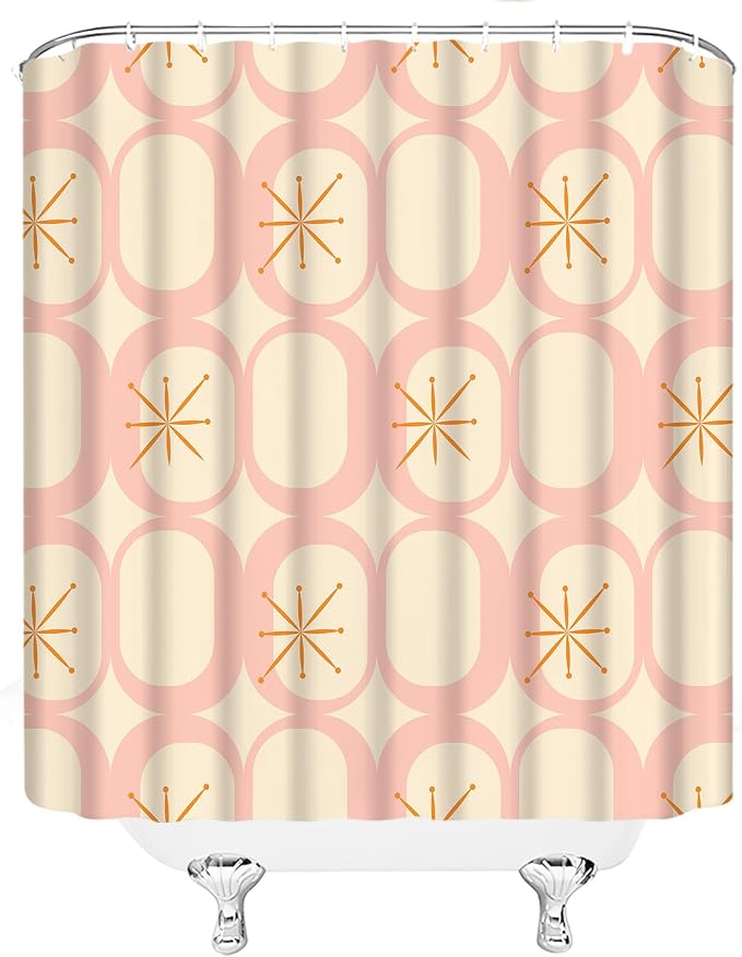 Mid Century Shower Curtain Modern Abstract Atomic Round Squares Retro 50s Geometric Bathroom Decor Polyester Curtains with Hooks