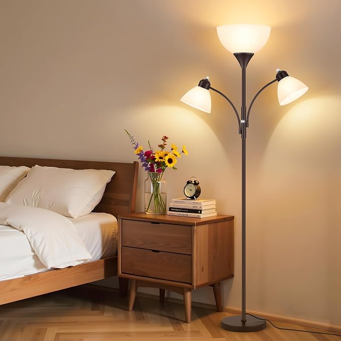 Coucrek Floor Lamp for Living Room,72" Dimmable Torchiere Lamp with 2 Reading Lights for Bedroom, Brown Tall Standing Room Lamp, 3 Bulbs Included