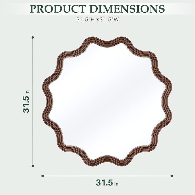 Farmhouse Wall Mirror - 31.5" Wood Frame Round Rustic Wall Decorative Mirrors, Circle Scalloped Wavy Round Boho Accent Mirror for Living Room, Bedroom, Entryway, Hallway, Fireplace (Walnut)