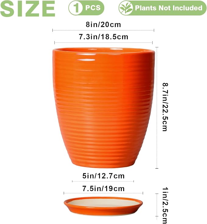 8 Inch Plant Pot, Ceramic Planters for Plants with Drainage and Saucer, Orange